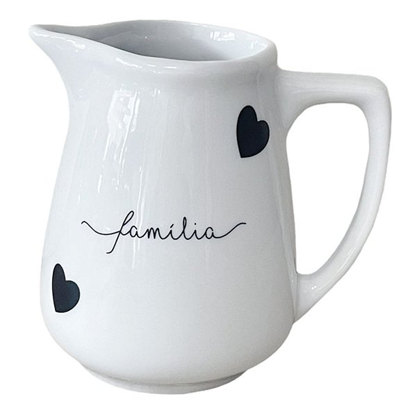 LEITEIRA DE PORCELANA BRANCA CORAÇÃO PRETO FAMÍLIA 400 ML