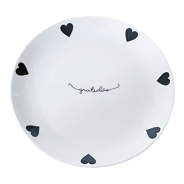 PRATO DE SOBREMESA PORCELANA GRATIDÃO CORAÇÃO PRETO