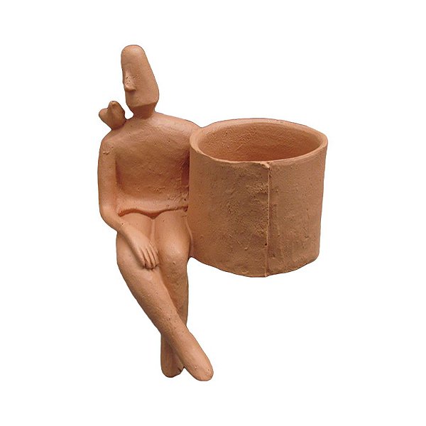 CACHEPOT HOMEM COM PÁSSARO NO OMBRO TERRACOTA EM POLIRESINA