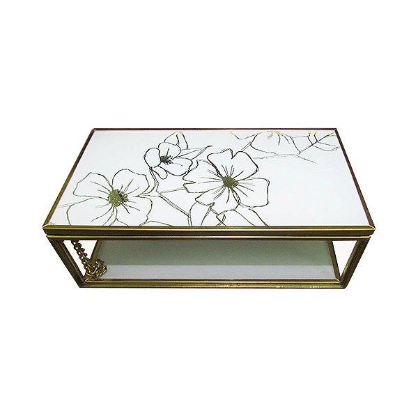 PORTA JOIAS E OBJETOS BRANCO E DOURADO EM VIDRO