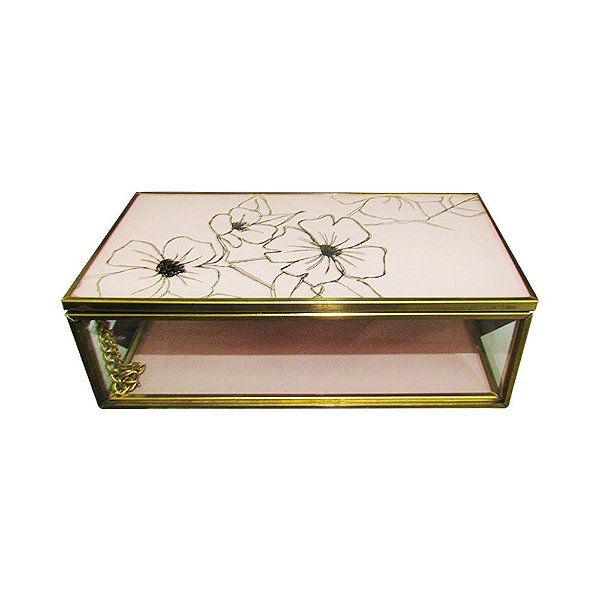 PORTA JOIAS E OBJETOS ROSA E DOURADO EM VIDRO