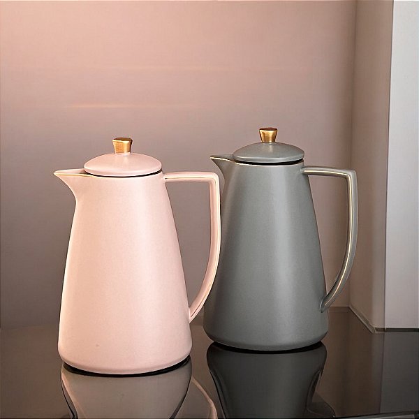 GARRAFA TÉRMICA DE PORCELANA CINZA FOSCO E DOURADO