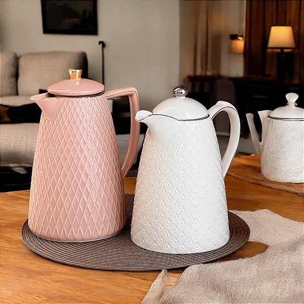GARRAFA TÉRMICA DE PORCELANA BRANCA E PRATA