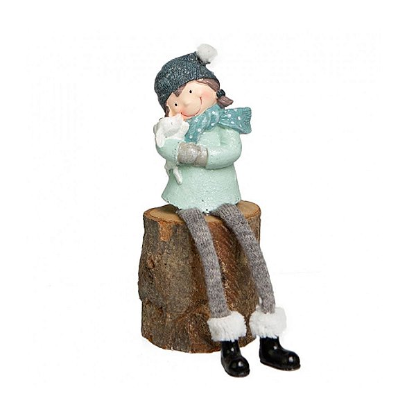 MENINA POLLY SENTADA DECORATIVA AZUL ABRAÇANDO COELHO