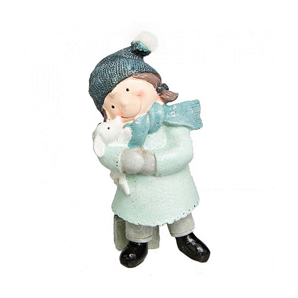 MENINA POLLY DECORATIVA AZUL ABRAÇANDO COELHO