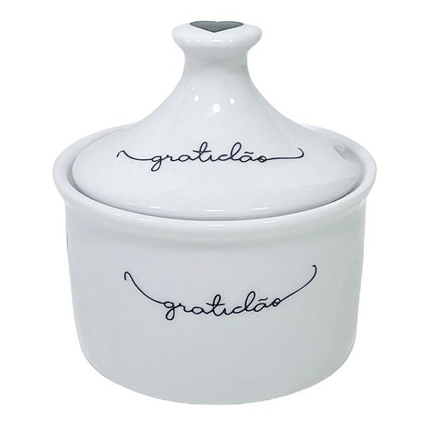 AÇUCAREIRO ALTO PORCELANA GRATIDÃO CORAÇÃO PRETO