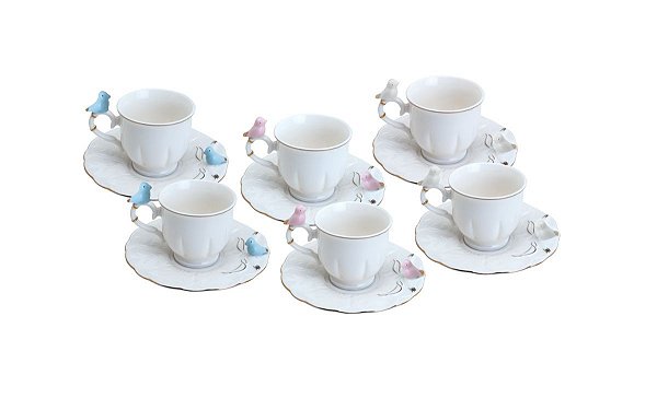 CONJUNTO 6 XÍCARAS CAFÉ PORCELANA BIRDS ROUND PLATE COLORIDO