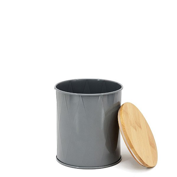 POTE DE METAL CINZA COM TAMPA DE BAMBU HERMÉTICO