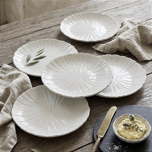 KIT 5 PRATOS DE CERÂMICA BANANA LEAF BRANCO 20CM