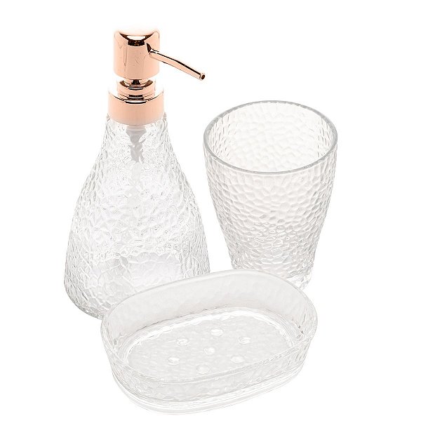 CONJUNTO 3 PEÇAS PARA BANHEIRO DE VIDRO ELEGANT ROSÉ DOURADO