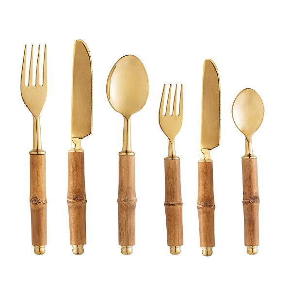 CONJUNTO 6 TALHERES AÇO INOX COM CABO BAMBU DOURADO