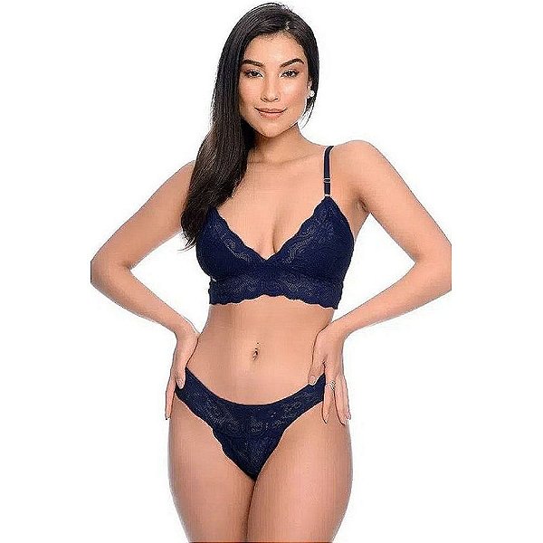 Conjunto Tanga Jack Em Renda sem Bojo Mabruma - Azul marinho