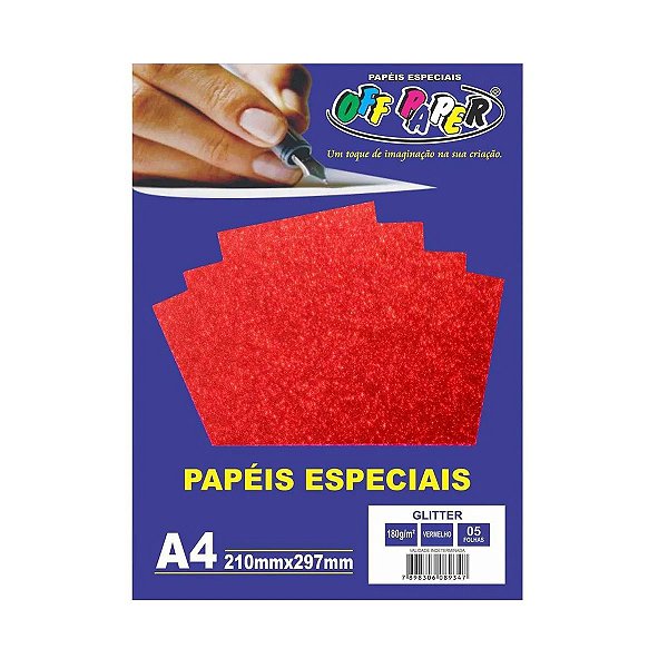 Papel Glitter 180g A4 - pacote com 5 folhas - Vermelho