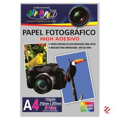 Papel Fotográfico High Glossy Adesivo 135g - A4 - Resistente à água - Pacote com 20 folhas - Off Paper