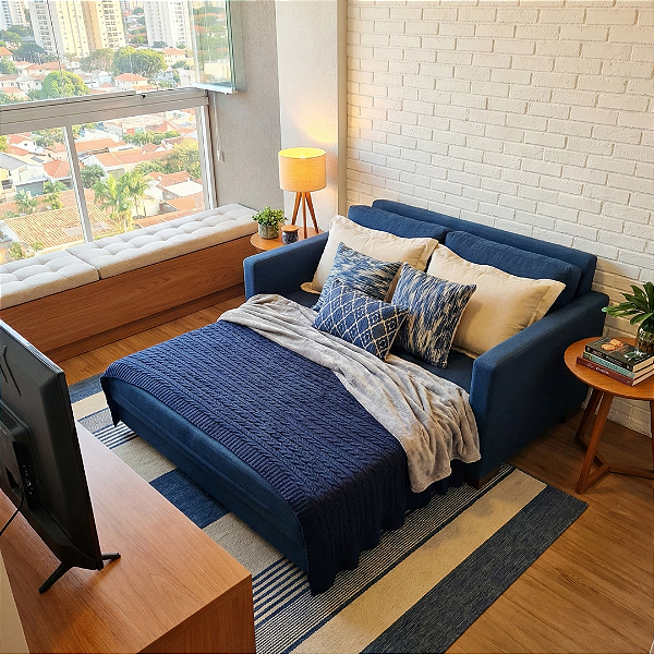 Sofá Cama Maison Linho Azul Marinho Impermeabilizado 1,60