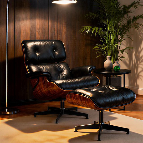 Poltrona e Puff Charles Eames Couro Envelhecido Preto