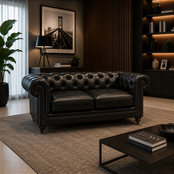 Sofá Chesterfield 2 Lugares em Couro Legítimo Preto