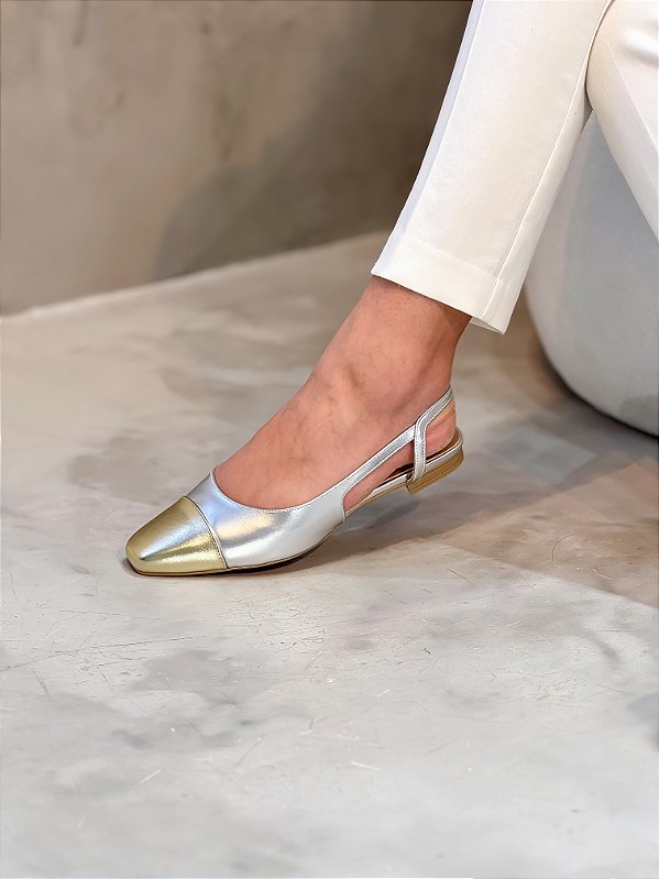 Slingback Sarah sem salto Dourado/Prata