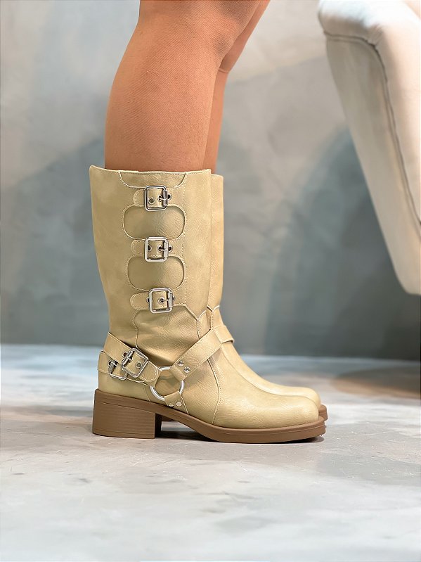 Coturno Feminino Zara Biker Creme Destroyed