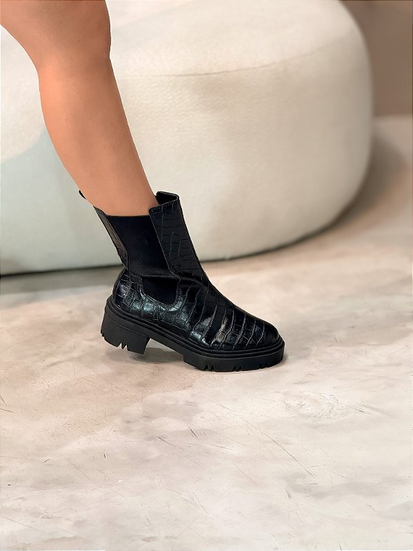 Coturno Feminino Lia Chelsea Preto croco