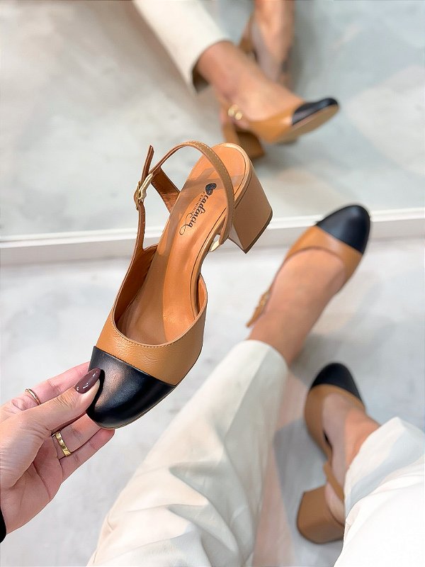 Slingback Feminino Sara Couro legítimo Camel/preto