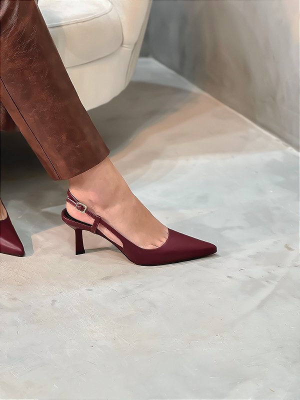 Slingback Feminino Megan vinho em Couro Legítimo