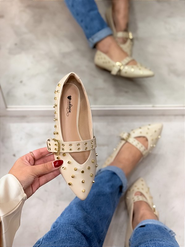 Sapatilha Feminina Liz Off-White em Couro