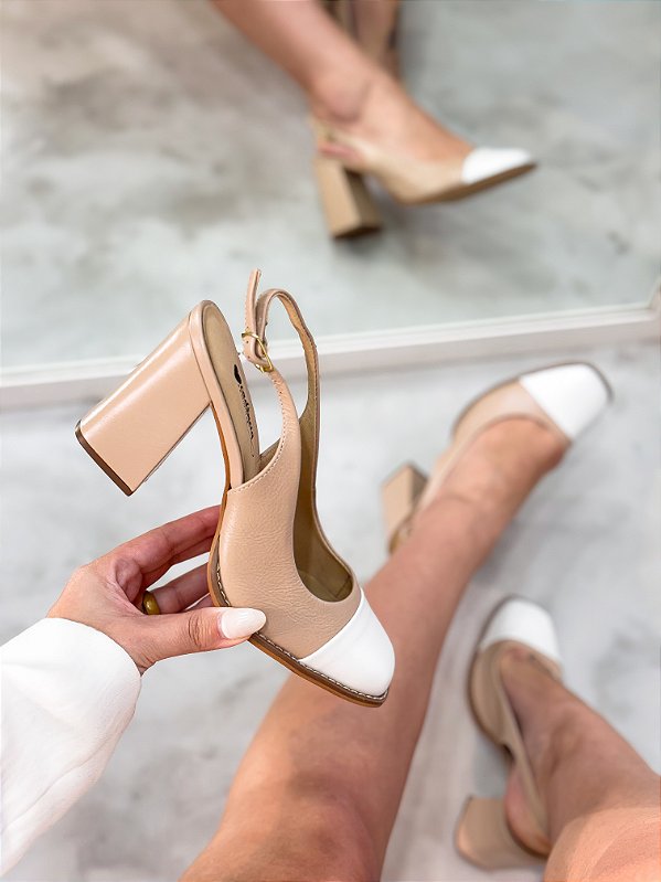 Slingback Cecilia Couro legítimo Nude/Off White