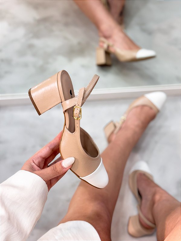 Slingback Feminino Sara em Couro Nude/Off-white
