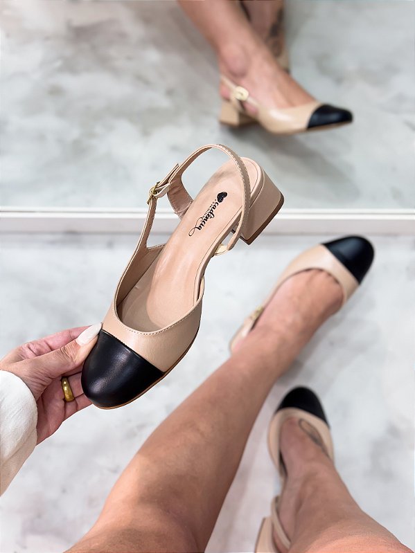 Slingback Feminino em Couro Sofia Nude/preto