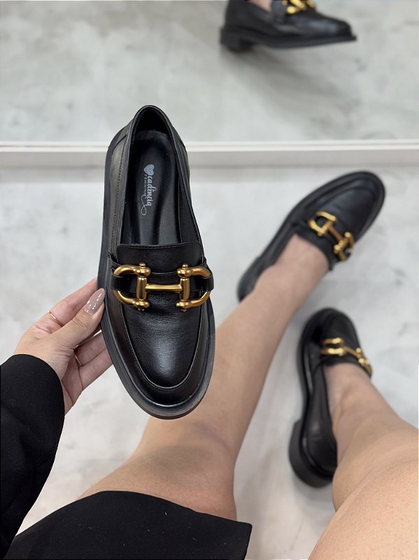 Mocassim Feminino Bruna em Couro Preto