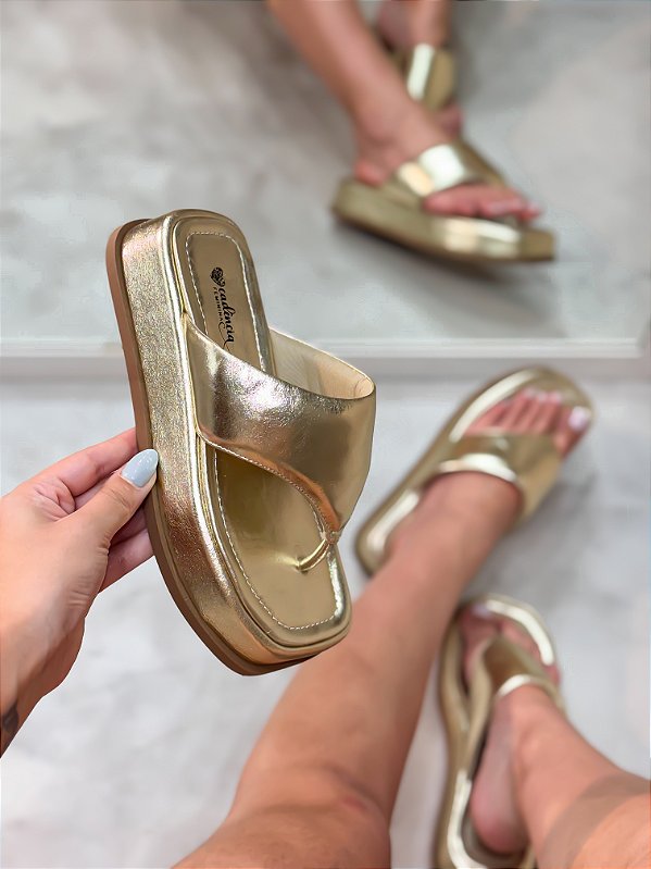 Flatform Feminina Angra Ouro Light em Couro