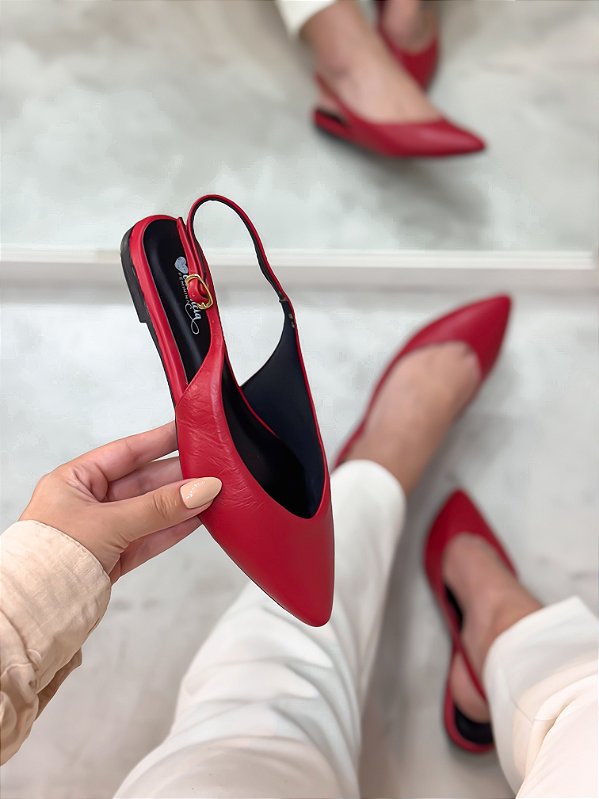 Slingback Feminino Isadora Vermelho em Couro