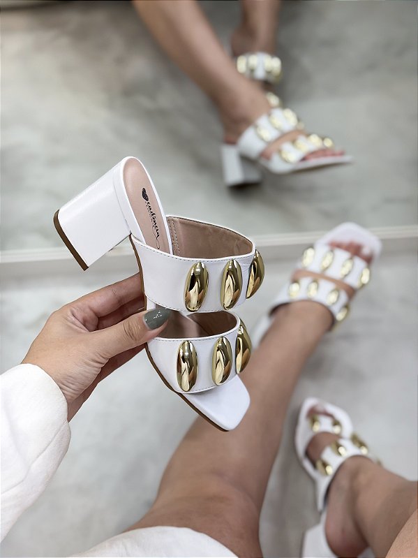 Tamanco Feminino Meire Branco em Couro