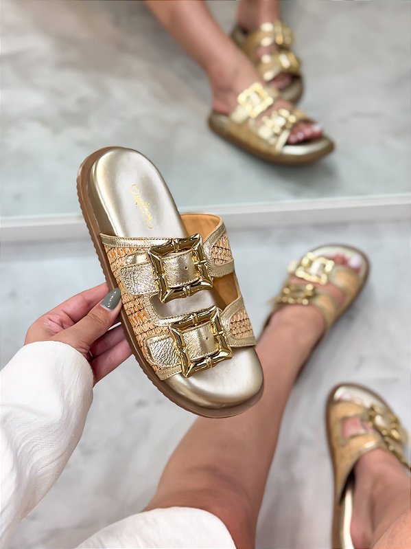 Birken Feminina Sabrina Ouro Light em Palha e Couro legítimo