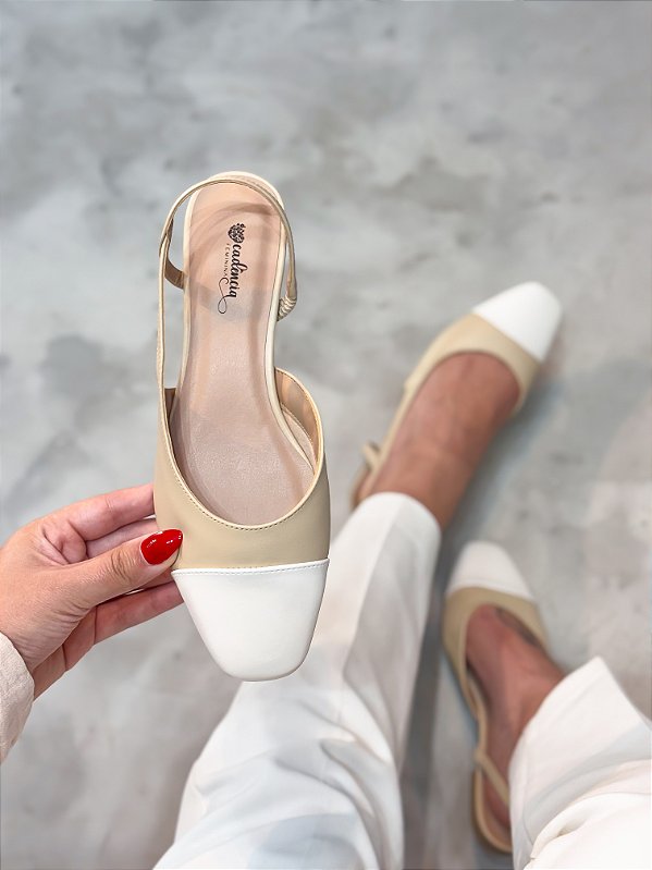 Slingback Feminino Sarah Nude/Off Sem Salto