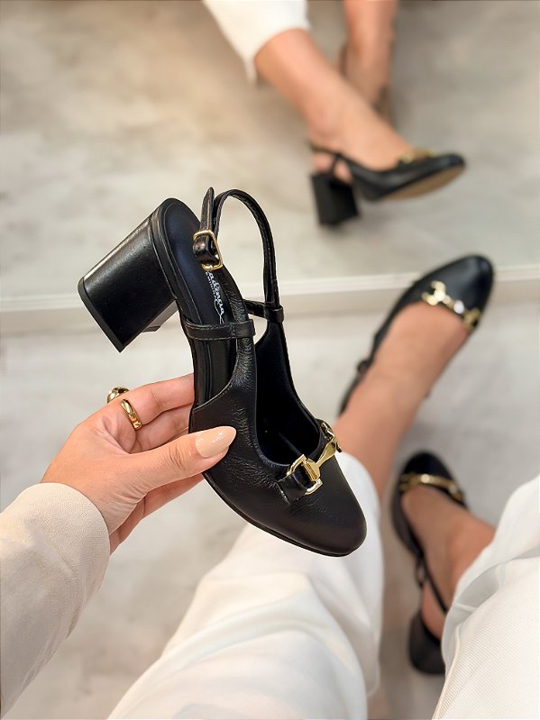 Slingback Feminino Gabi Preto em Couro legítimo