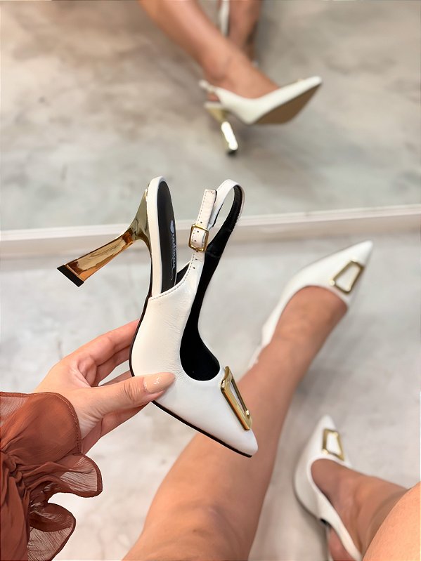 Slingback Valentina Branco em Couro legítimo Salto Alto