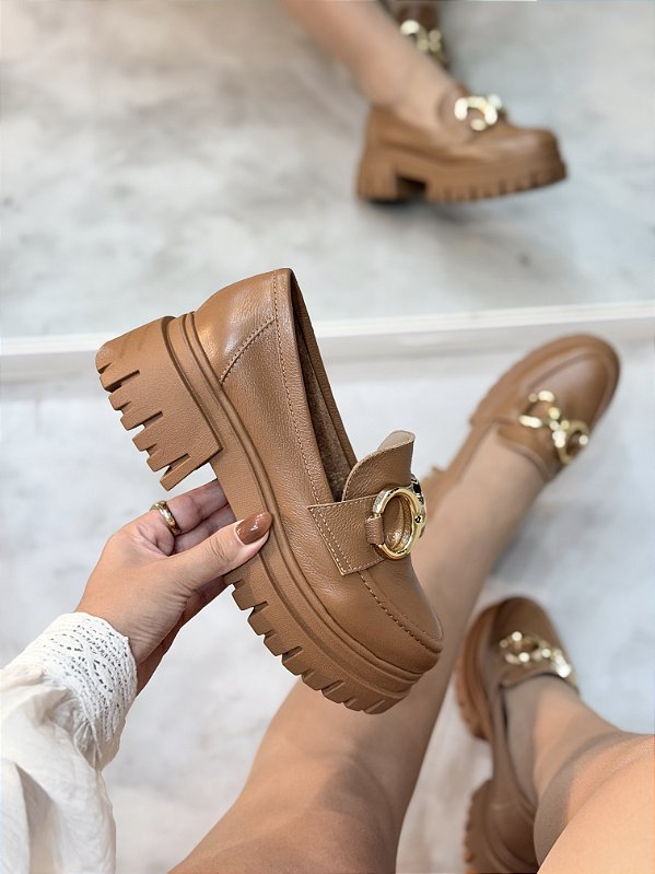 PRÉ VENDA - Mocassim Feminino Gal Caramelo em Couro Legitimo