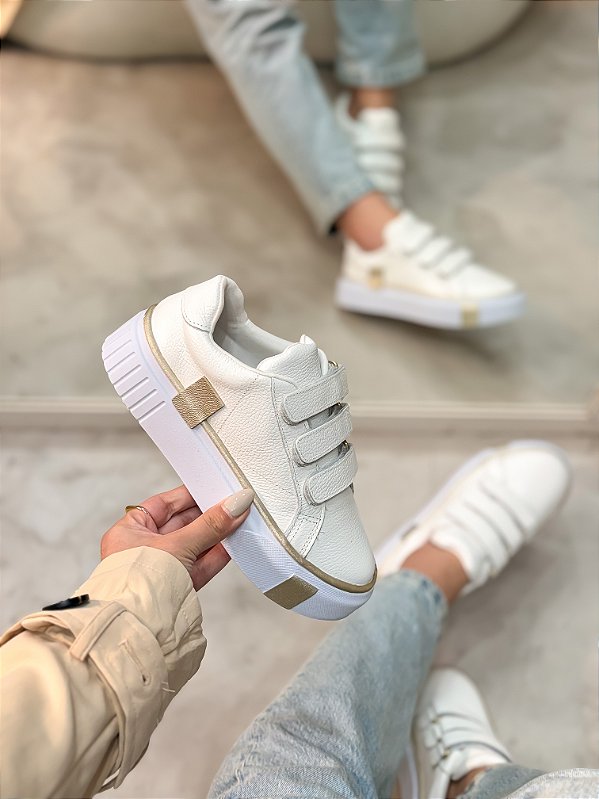 Tênis Feminino Nati Branco/Ouro em Couro