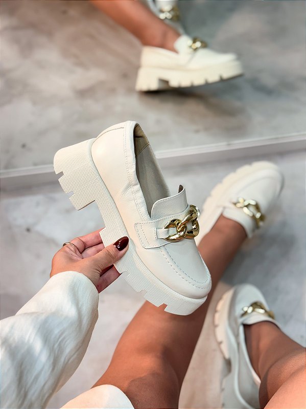 PRÉ VENDA - Mocassim Feminino Eloa Off-white em Couro legítimo