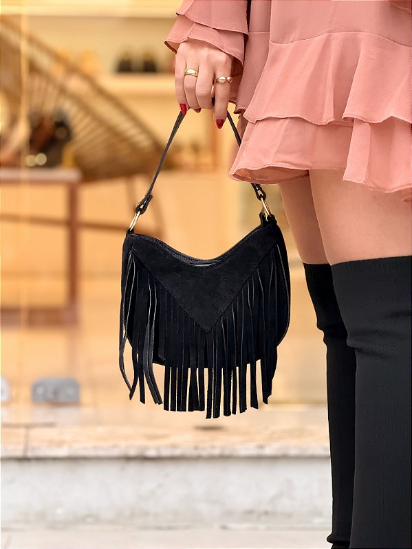 Bolsa de Franja Marina Preta em Couro Camurça