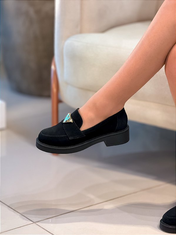 Mocassim Feminino Marina Preto Camurça em Couro legítimo
