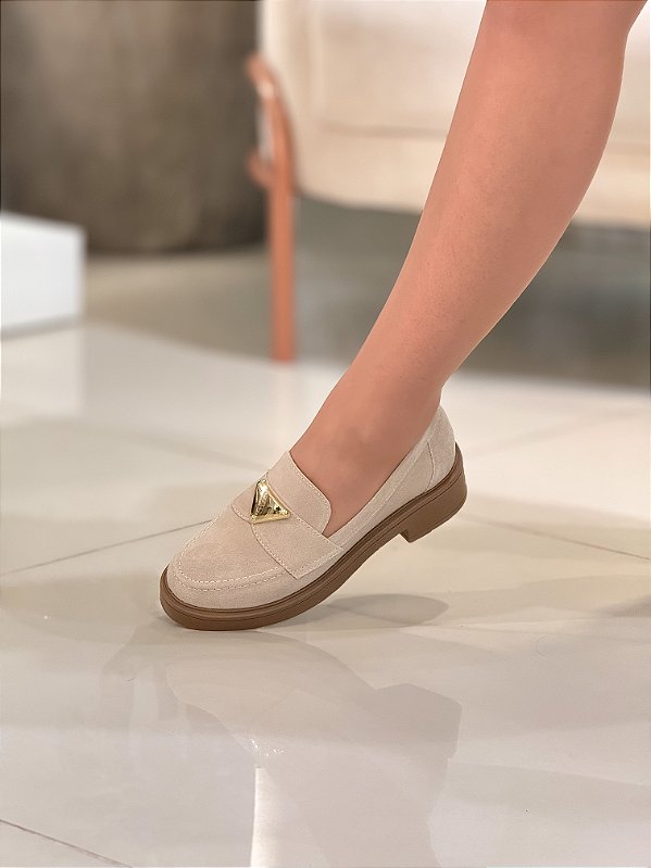 Mocassim Feminino Marina Nude Camurça em Couro legítimo