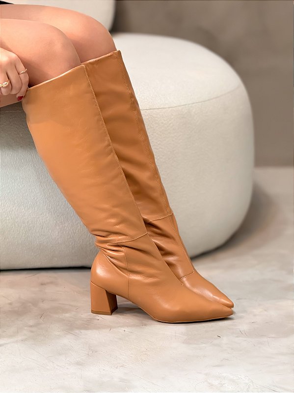 Bota Feminina Giana Caramelo em Couro legítimo Cano alto