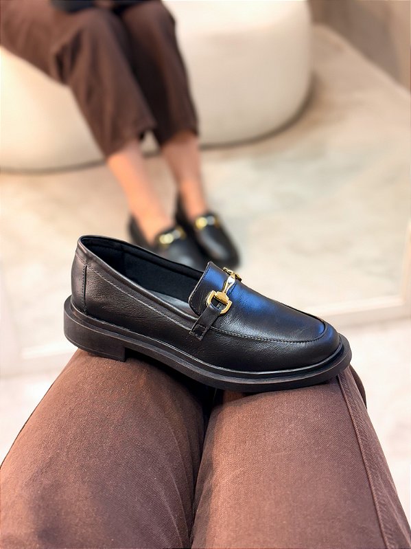 PRÉ VENDA - Mocassim Feminino Zaya Preto em Couro legítimo