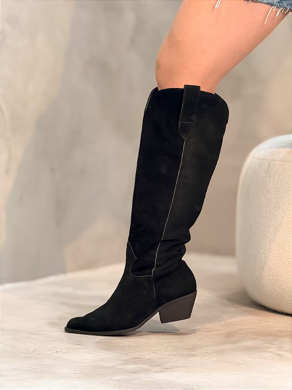 Bota Feminina Western Kênia Preta Camurça em couro legítimo