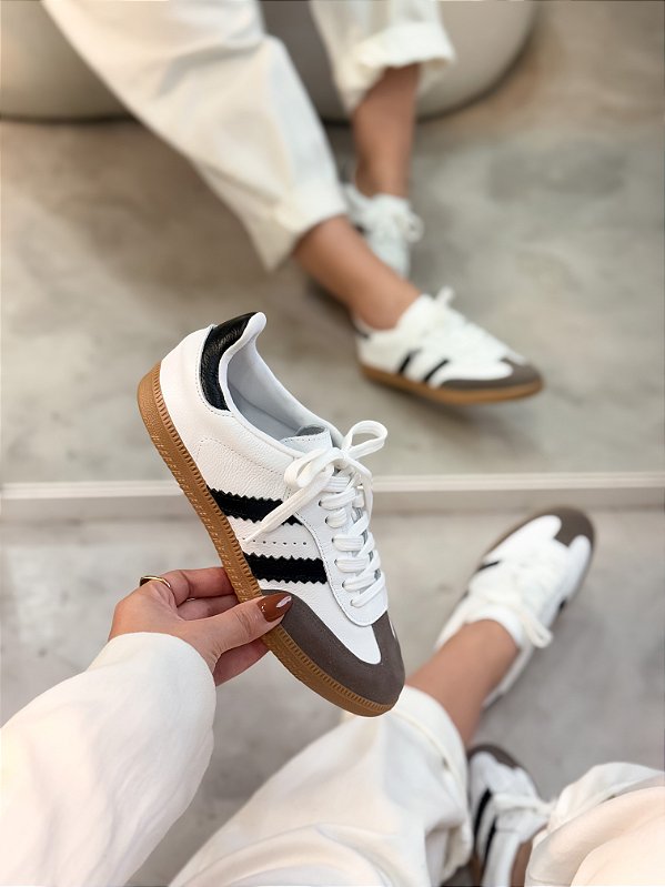 Tênis Feminino Sandy Branco/Preto em Couro legítimo Sola Clara