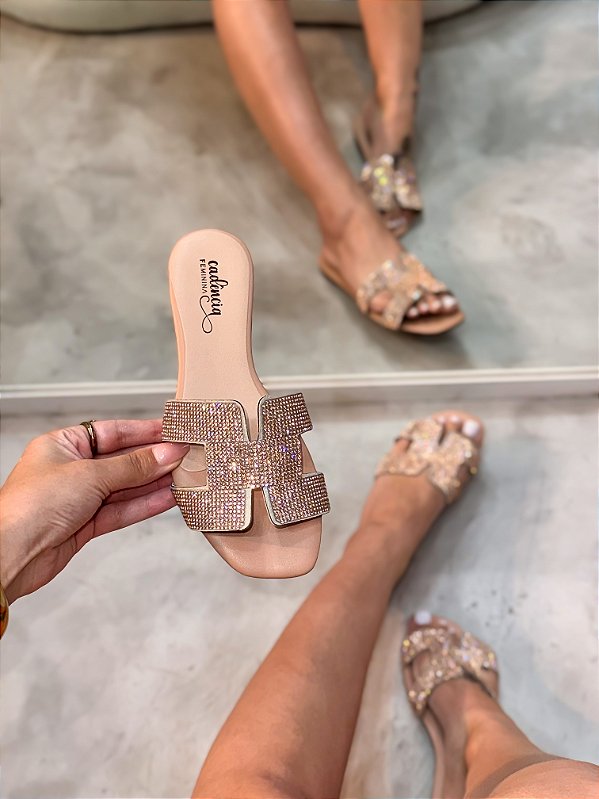 Rasteira Feminina Hayla Nude com Strass