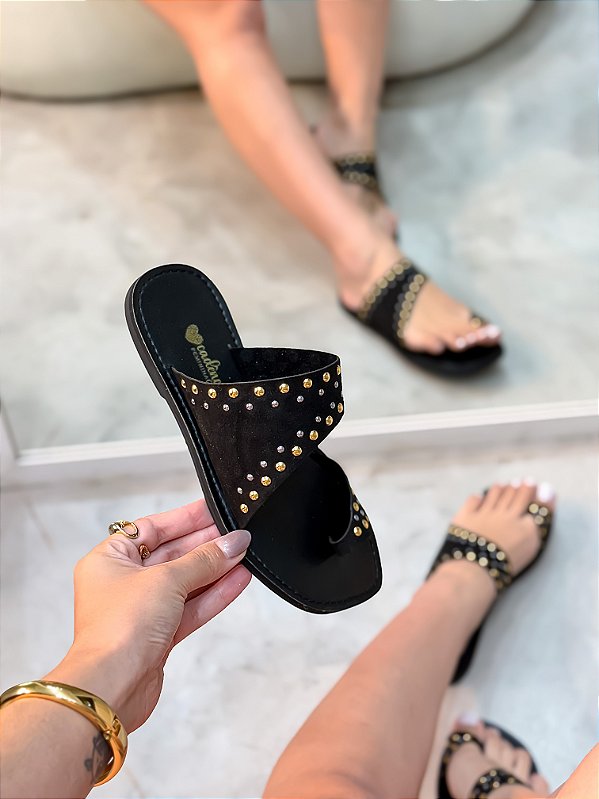 Rasteira Dani em couro legítimo Preta